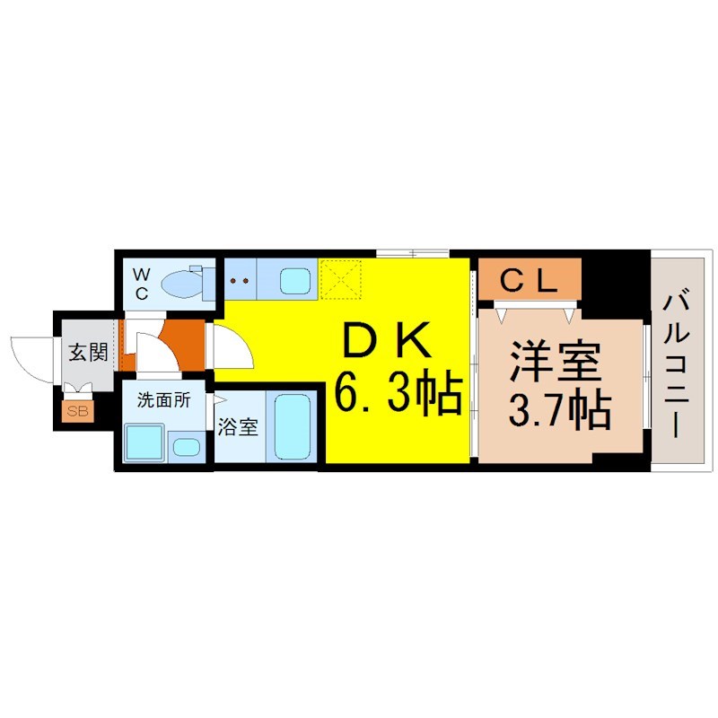 エスリードレジデンス東別院マークス 間取図　ＤＫ6.3帖　洋室3.7帖　脱衣洗面所　バルコニー