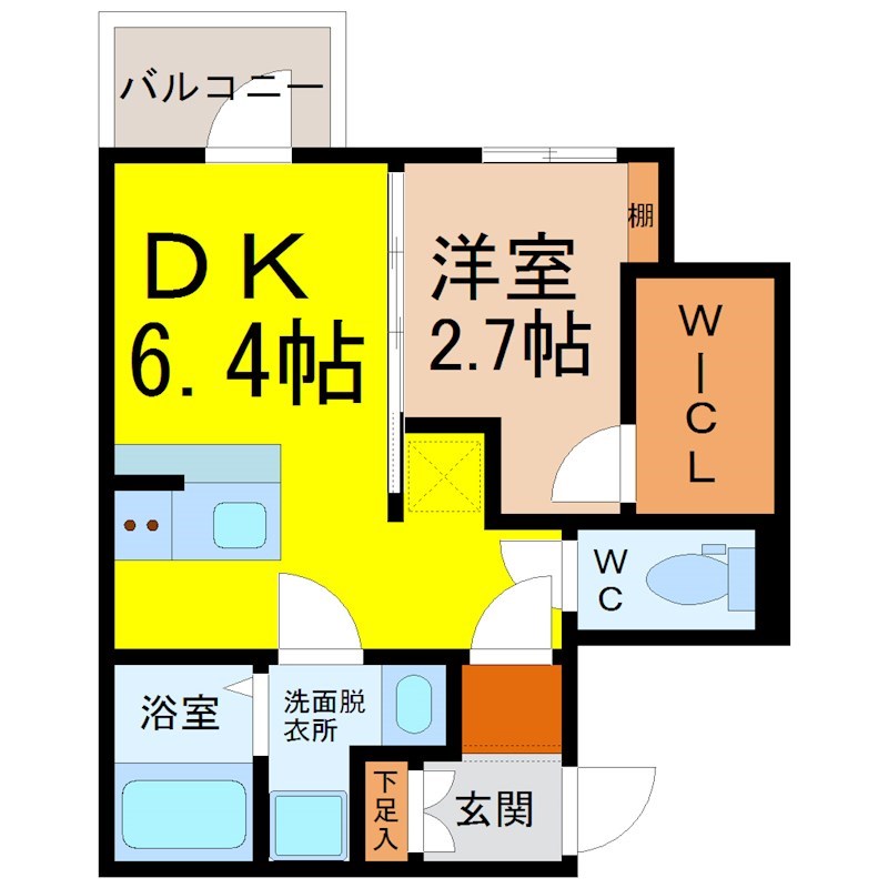エスリードレジデンス東別院マークス 間取図　ＤＫ6.4帖　洋室2.7帖　脱衣洗面所　バルコニー