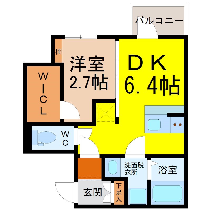 エスリードレジデンス東別院マークス 間取図　ＤＫ6.4帖　洋室2.7帖　脱衣洗面所　バルコニー