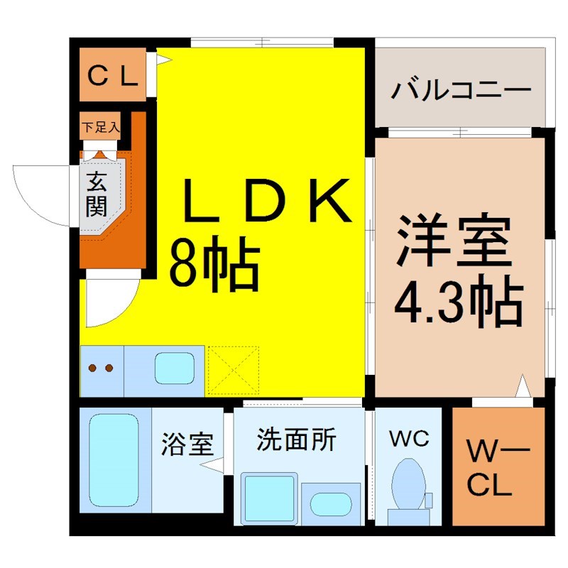 ニライカナイ 間取図　ＬＤＫ8帖　洋室4.3帖　脱衣洗面所　バルコニー