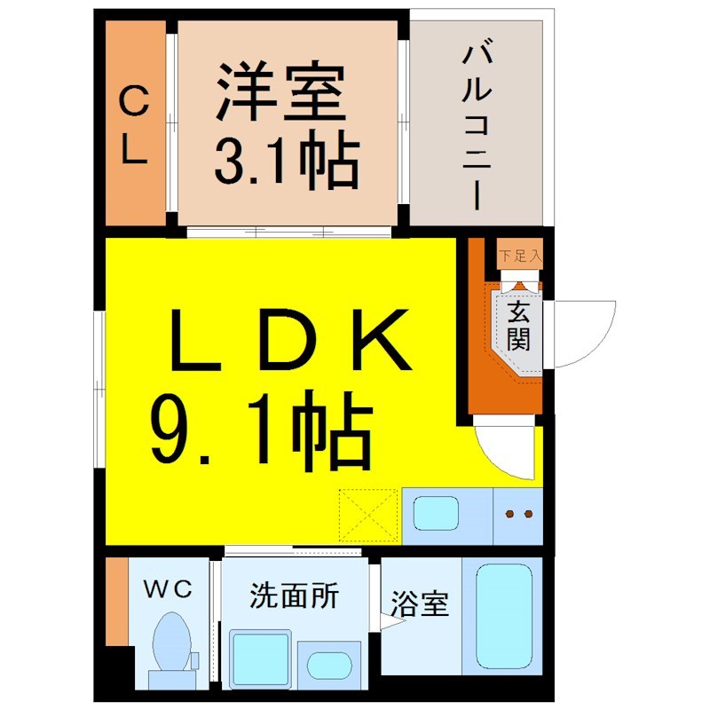 ニライカナイ 間取図　ＬＤＫ9.1帖　洋室3.1帖　脱衣洗面所　バルコニー