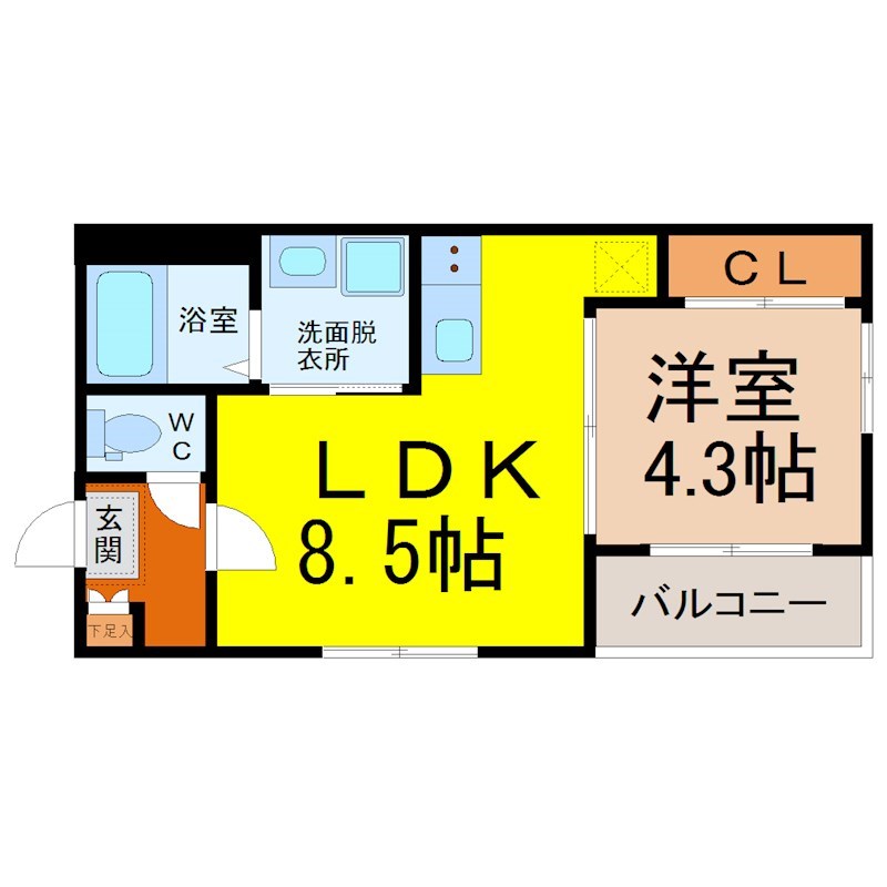 中村公園レジデンス 間取図　ＬＤＫ8.5帖　洋室4.3帖　脱衣洗面所　バルコニー