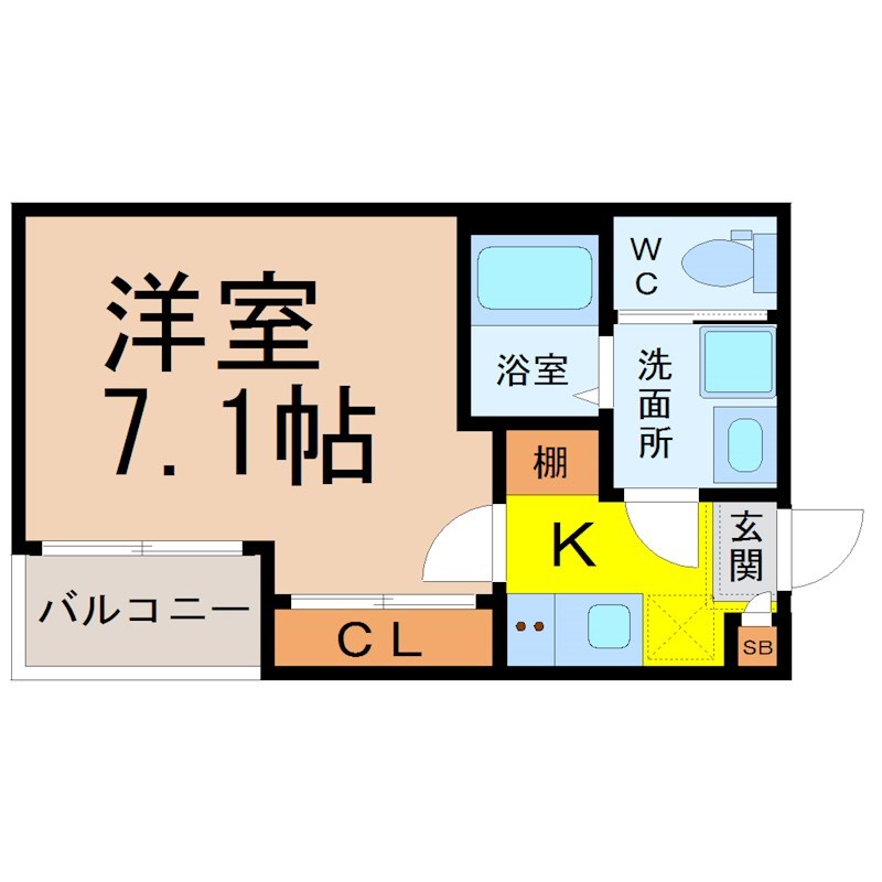 ハーモニーテラス新瑞橋 間取図　洋室7.1帖　脱衣洗面所　バルコニー