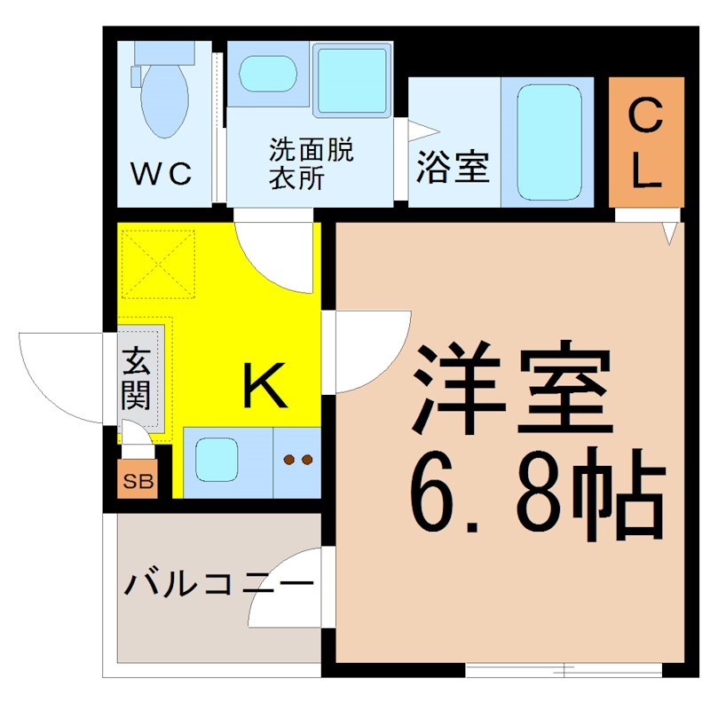 ハーモニーテラス新瑞橋 間取図　洋室6.8帖　脱衣洗面所　バルコニー
