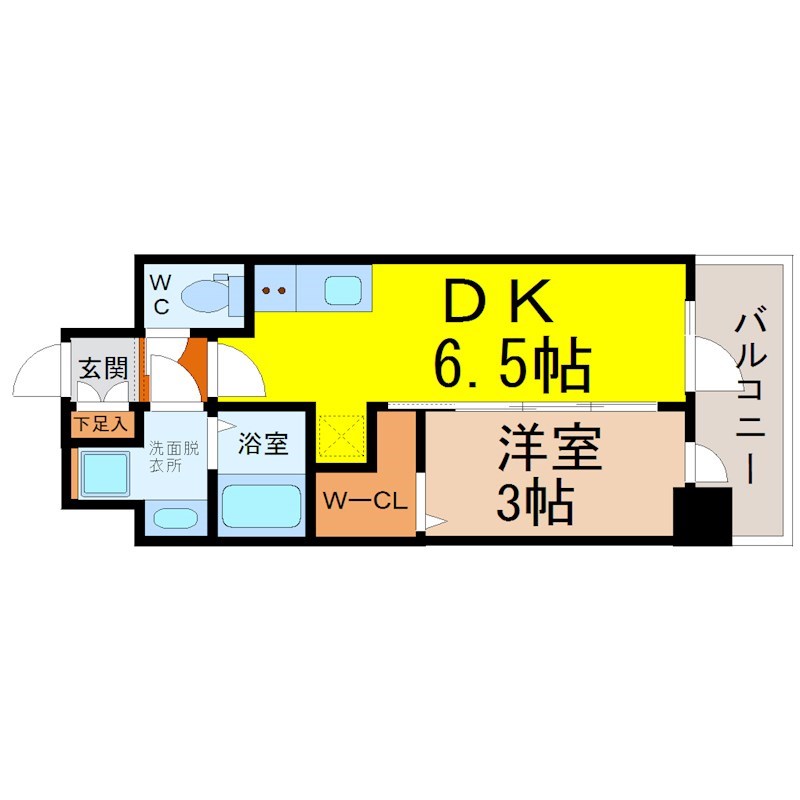 エステムコート名古屋鶴舞IIレアーヴ 間取図　ＤＫ6.5帖　洋室3帖　脱衣洗面所　バルコニー
