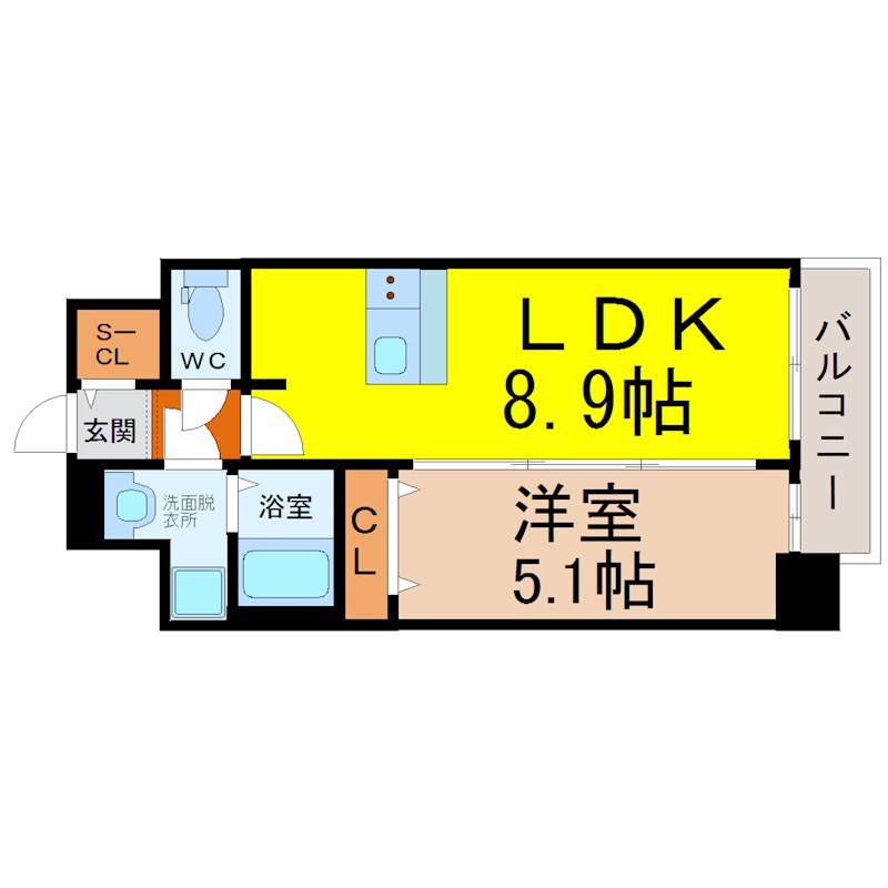 メイクス熱田神宮 間取り　ＬＤＫ　洋室8.9帖　洋室5.1帖　脱衣洗面所