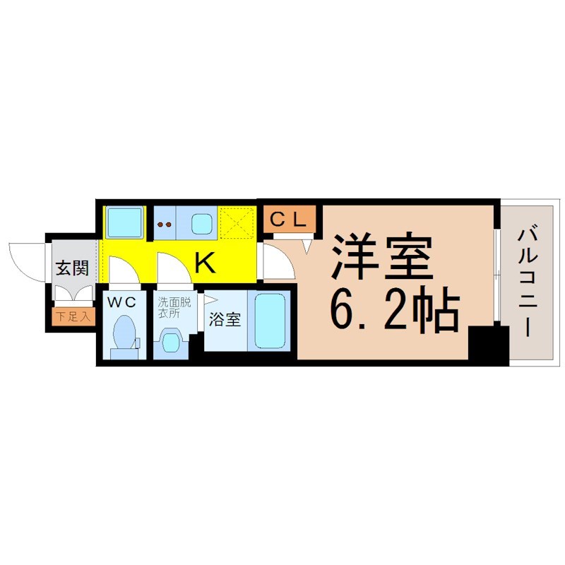 メイクス熱田神宮 間取り　洋室6.2帖　脱衣洗面所　バルコニー