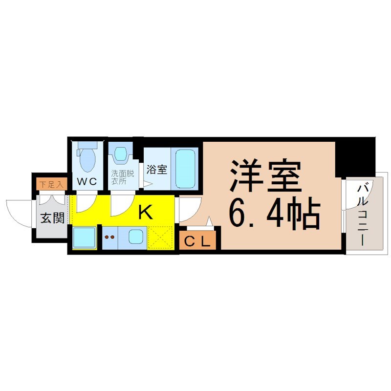 メイクス熱田神宮 間取り　洋室6.4帖　脱衣洗面所　バルコニー