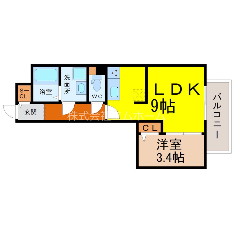 プレミール金山 間取図　ＬＤＫ9帖　洋室3.4帖　脱衣洗面所