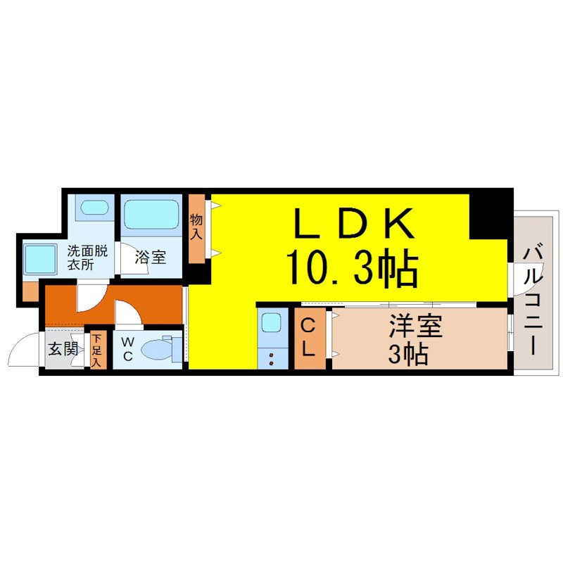 ＢＬＥＳＴＯＮ ＣＯＵＲＴ ＫＡＮＡＹＡＭＡ 間取図　ＬＤＫ10.3帖　洋室3帖　脱衣洗面所