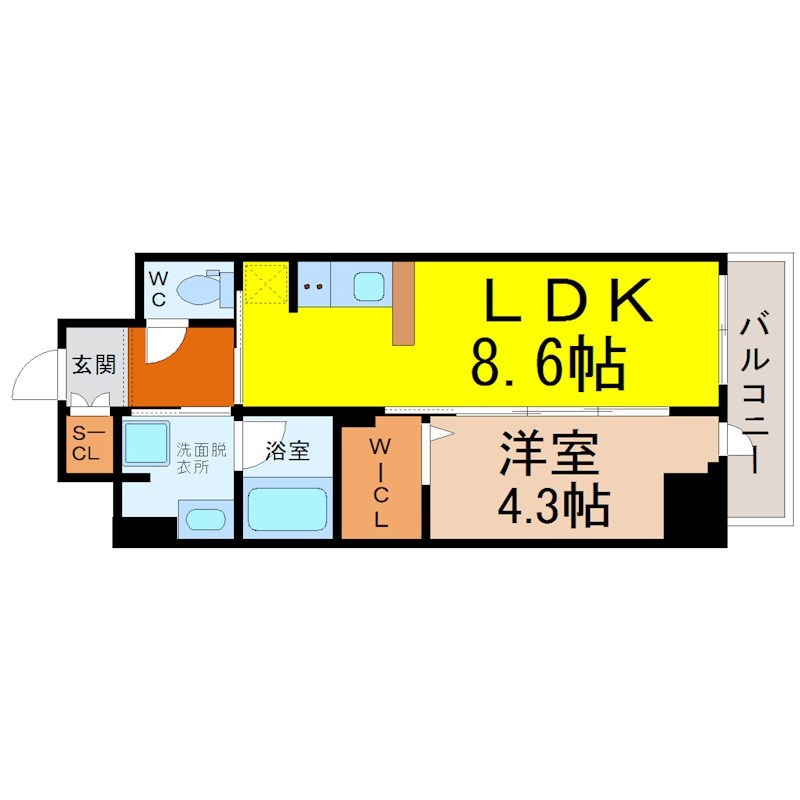 ＢＬＥＳＴＯＮ ＣＯＵＲＴ ＫＡＮＡＹＡＭＡ 間取図　ＬＤＫ8.6帖　洋室4.3帖　脱衣洗面所