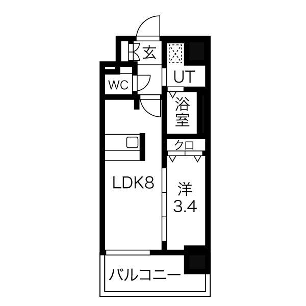 ディアレイシャス尾頭橋 間取り　ＬＤＫ8帖　洋室3.4帖　脱衣洗面所　バルコニー
