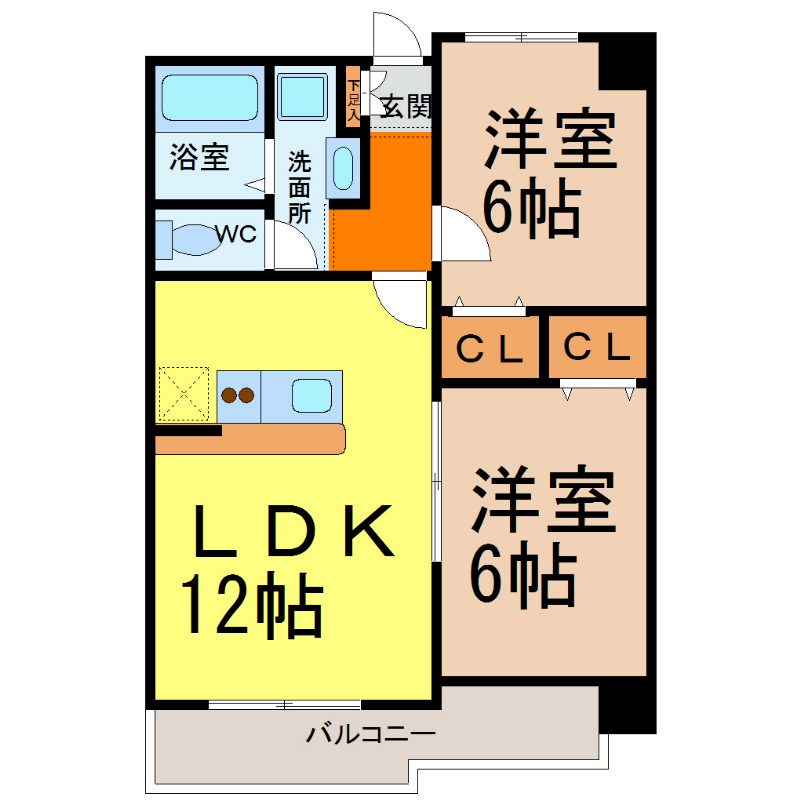 ベルドミール葵22 間取図　ＬＤＫ12帖　カウンターキッチン　南面バルコニー