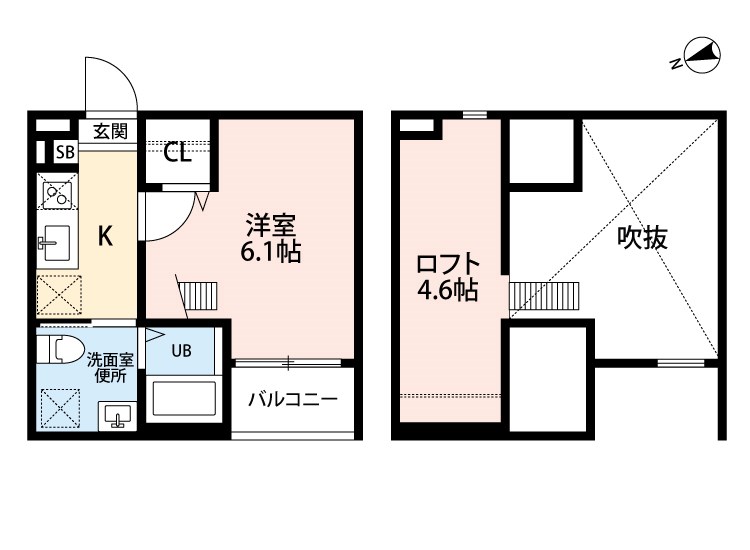 Ｃｉｅｌｏ五女子 間取図　洋室6.1帖　ロフト4.6帖　脱衣洗面所　バルコニー