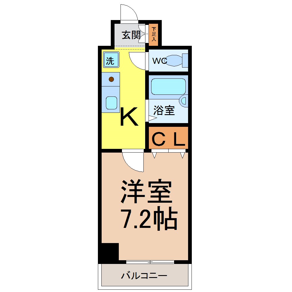 ソレイユ東海通 間取図　洋室7.2帖　バストイレエ別　南向き
