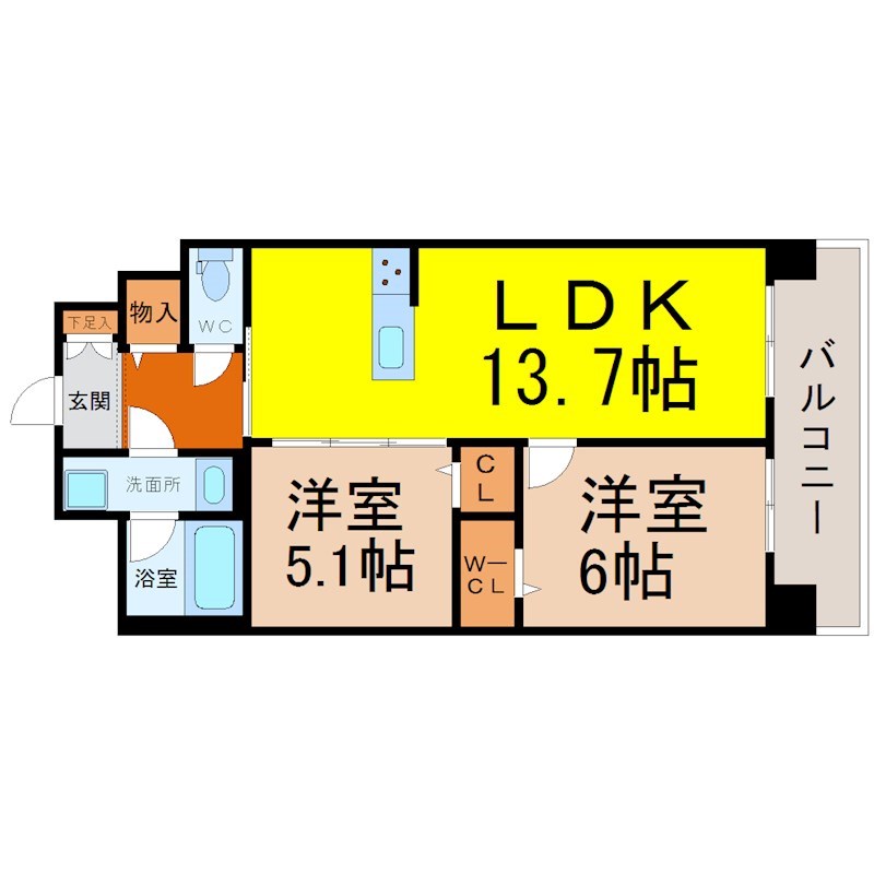 フォレストスクエア六番 間取図　ＬＤＫ13.7帖　ウォークインクローゼット