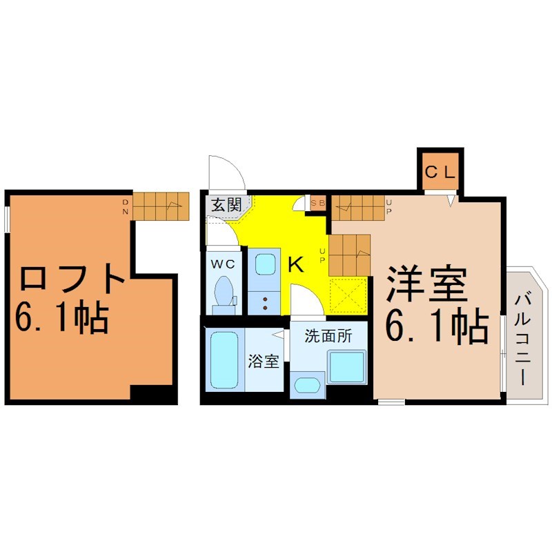 メルヴェーユ原 間取図　洋室6.1帖　ロフト6.1帖　脱衣洗面所　バルコニー