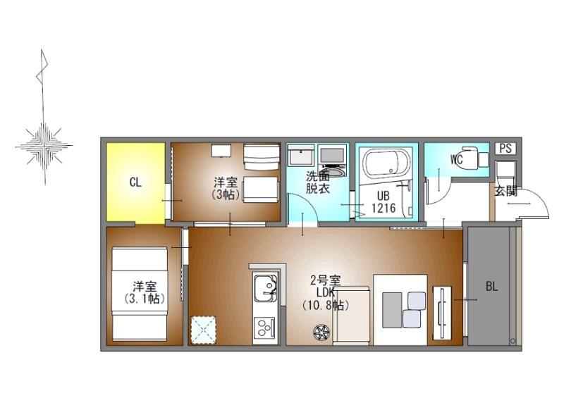 ＲＥＧＡＬＥＳＴ平安通東 間取図　ＬＤＫ10.8帖　脱衣洗面所　バルコニー