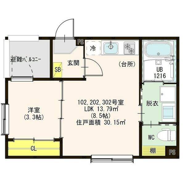 シャルム名古屋II 間取図　ＬＤＫ8.5帖　洋室3.3帖　脱衣洗面所　バルコニー
