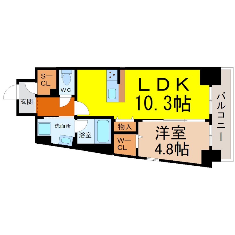 Ｒｅｖｅｌｅｒ Ｏｓｕ 間取図　ＬＤＫ10.3帖　洋室4.8帖　脱衣洗面所