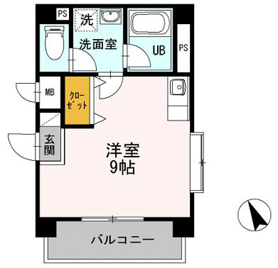 アモーレ新栄 間取図　洋室9帖　脱衣洗面所　南面バルコニー