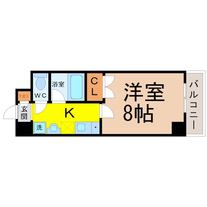 コンフォート御器所 間取図　洋室8帖　洗髪洗面化粧台　南面バルコニー