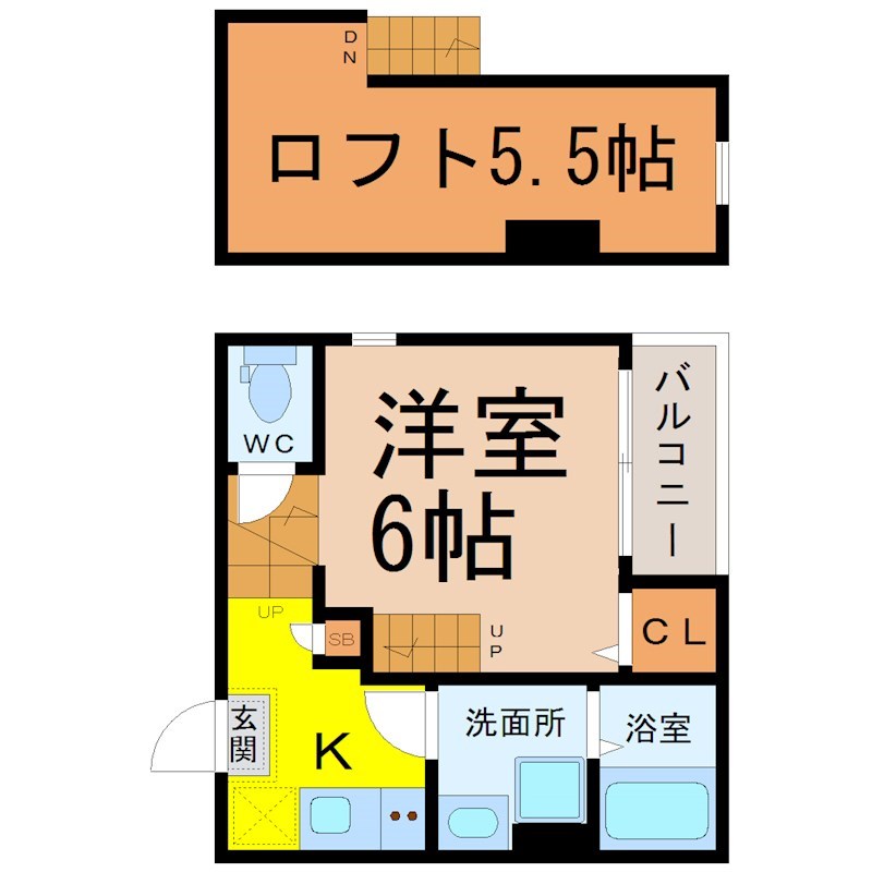 （仮称）南区明治一丁目Ａコーポ 間取図　洋室6帖　ロフト5.5帖　脱衣洗面所　バルコニー
