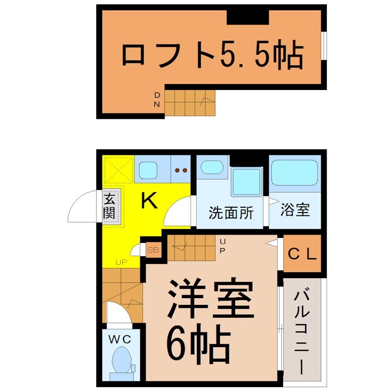 （仮称）南区明治一丁目Ａコーポ 間取図　洋室6帖　ロフト5.5帖　脱衣洗面所　バルコニー
