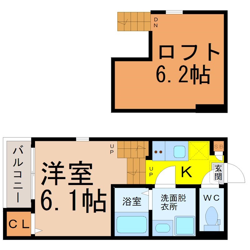 （仮称）南区明治一丁目Ａコーポ 間取図　洋室6.1帖　ロフト6.2帖　脱衣洗面所　バルコニー