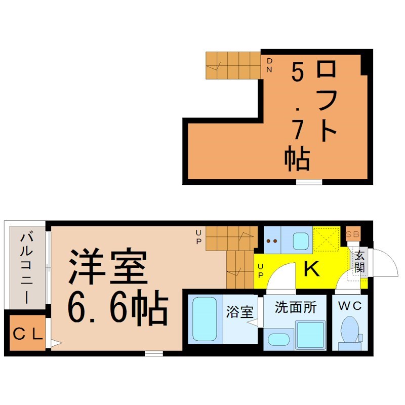 （仮称）南区明治一丁目Ａコーポ 間取図　洋室6.6帖　ロフト5.7帖　脱衣洗面所　バルコニー
