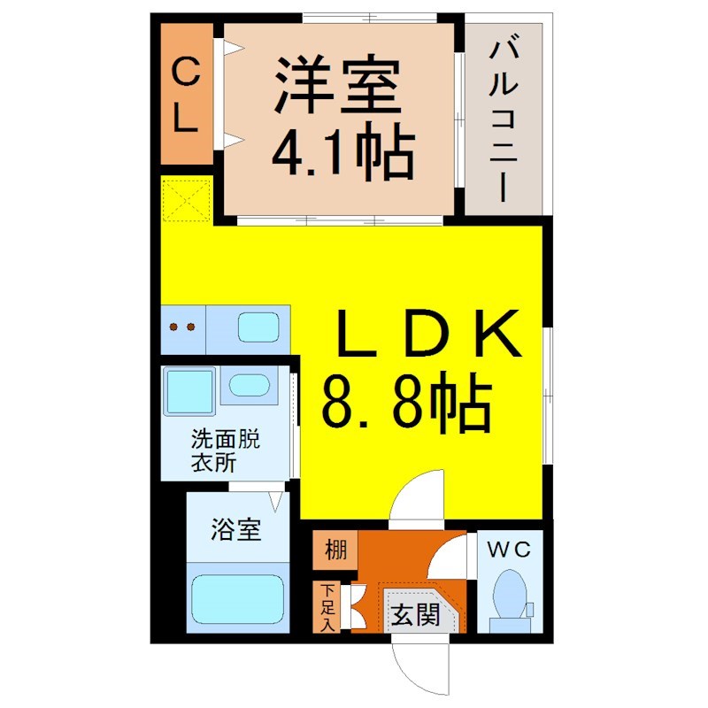 （仮称）中村区靖国町三丁目②コーポ 間取図　ＬＤＫ8.8帖　洋室4.1帖　脱衣洗面所　バルコニー