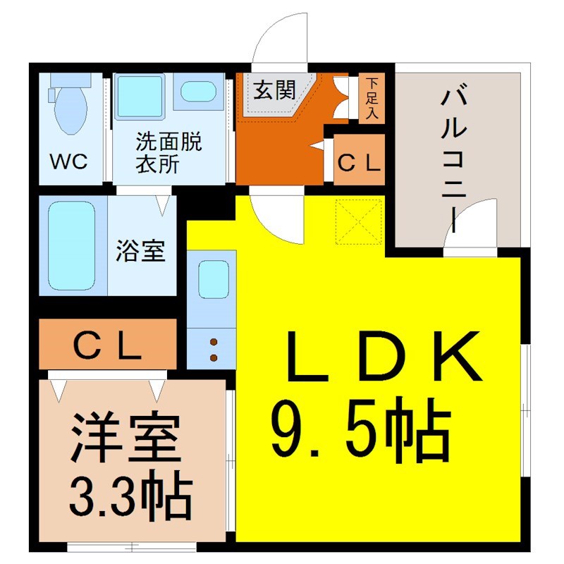 （仮称）中村区靖国町三丁目②コーポ 間取図　ＬＤＫ9.5帖　洋室3.3帖　脱衣洗面所　バルコニー