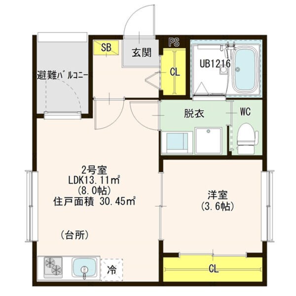 エステミリックスII 間取図　ＬＤＫ8帖　洋室3.6帖　脱衣洗面所　バルコニー
