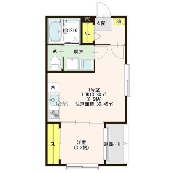 エステミリックスII 間取図　ＬＤＫ8.5帖　洋室3.3帖　脱衣洗面所　バルコニー