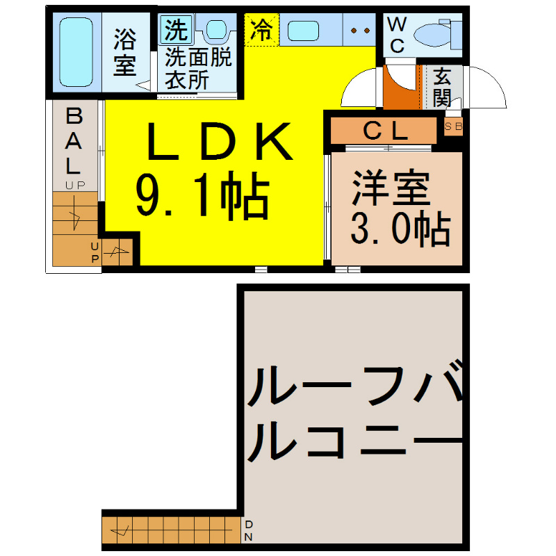 Ｇｒａｎｄｔｉｃ　Ｅｔｉｎｃｅｌｌｅ（グランティックエタンセル） 間取り　ＬＤＫ9.1帖　洋室3帖　ルーフバルコニー