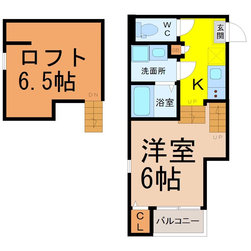 （仮称）守山区新守西コーポ 間取図　洋室6帖　ロフト6.5帖　脱衣洗面所