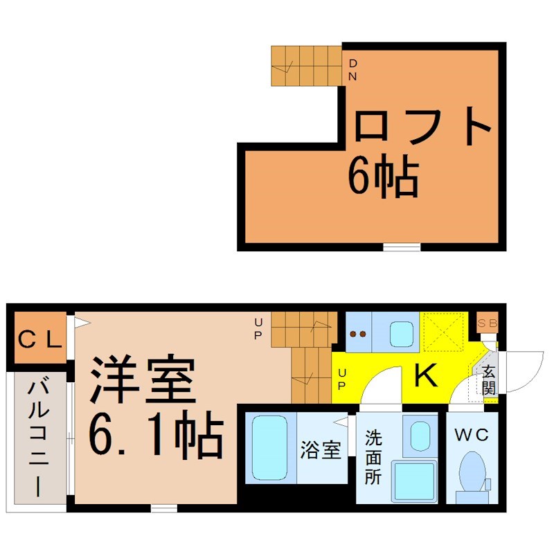 （仮称）守山区新守西コーポ 間取図　洋室6.1帖　ロフト6帖　脱衣洗面所