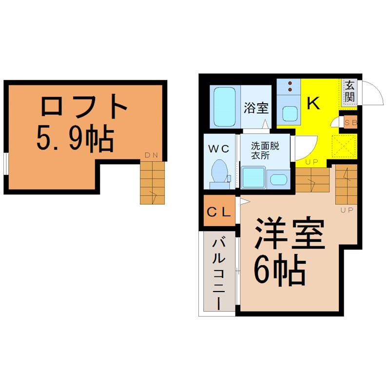 （仮称）守山区新守西コーポ 間取図　洋室6帖　ロフト5.9帖　脱衣洗面所
