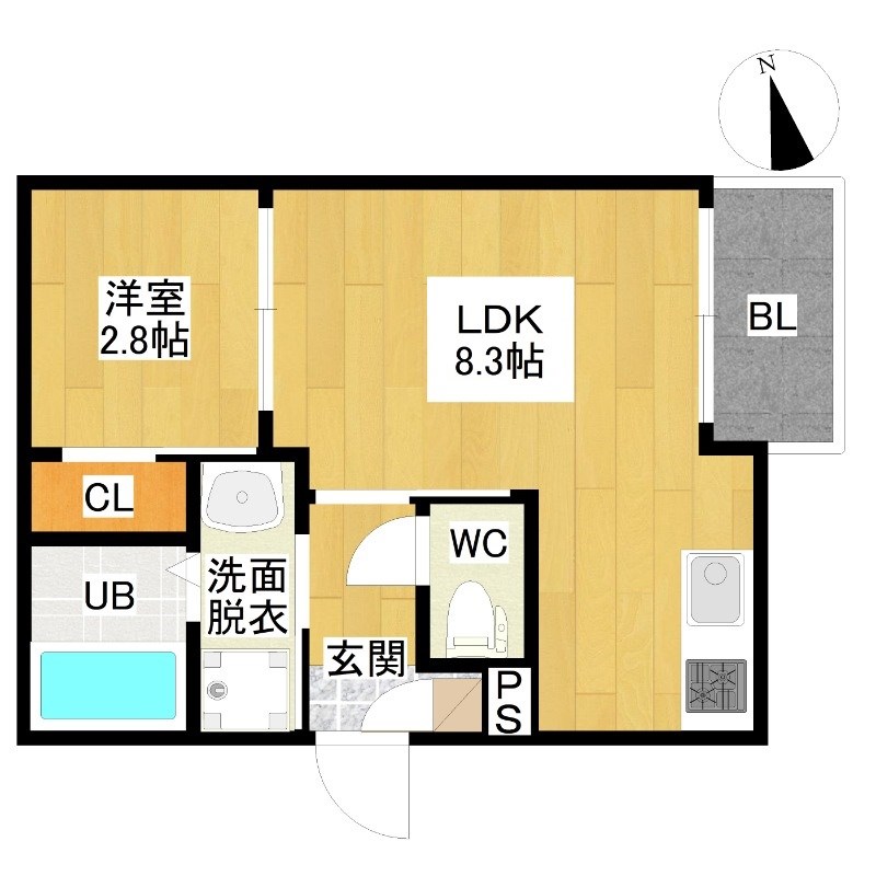 Ｒ－ｓｍａｒｔ尾頭橋 間取図　ＬＤＫ8.3帖　洋室2.8帖　脱衣洗面所　バルコニー