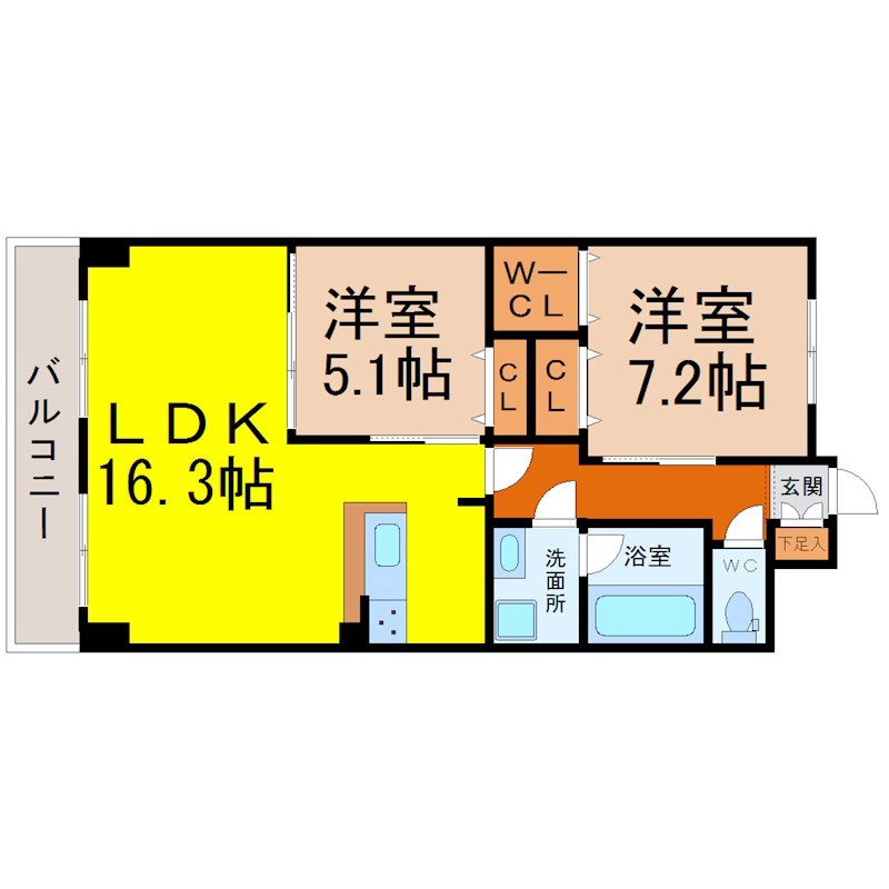 インペリアル南大高 間取図　ＬＤＫ16.3帖　カウンターキッチン　脱衣洗面所