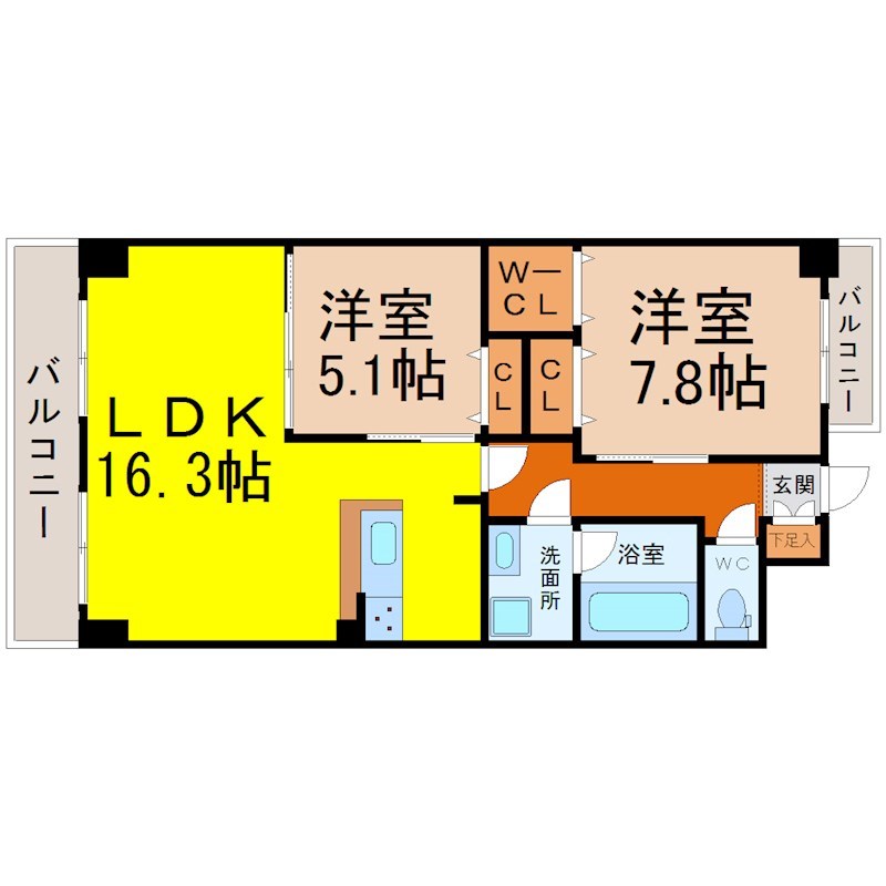 インペリアル南大高 間取図　ＬＤＫ16.3帖　カウンターキッチン　脱衣洗面所
