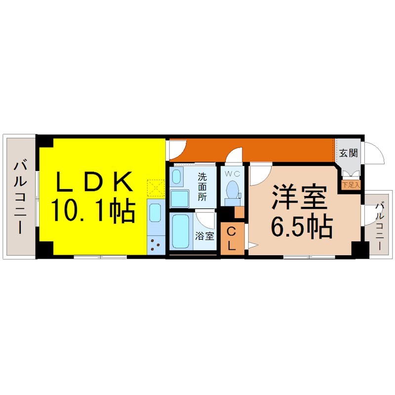 インペリアル南大高 間取図　ＬＤＫ10.1帖　脱衣洗面所　南面バルコニー
