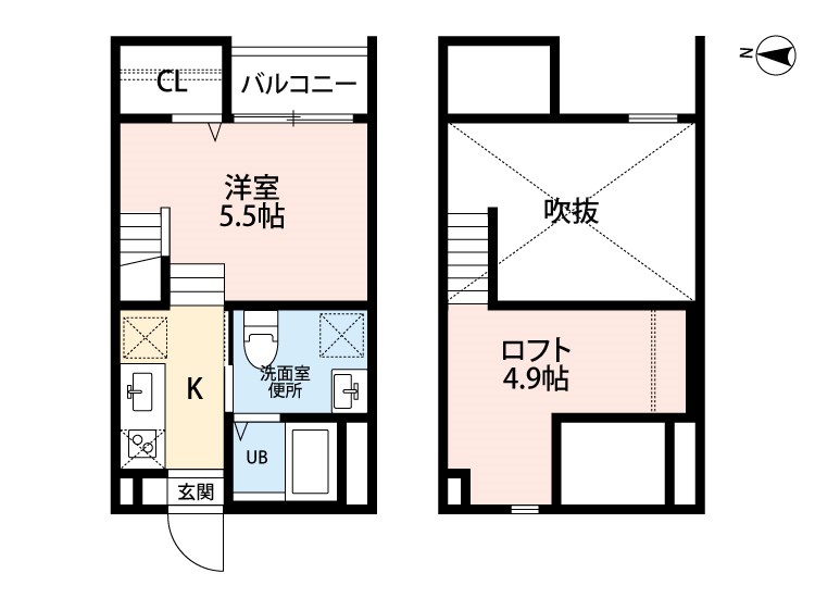 アンソレイユ源兵衛町 間取り　洋室5.5帖　ロフト4.9帖　脱衣洗面所　バルコニー