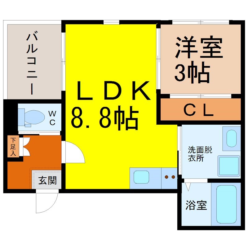 （仮称）瑞穂区内浜町②コーポ 間取図　ＬＤＫ8.8帖　洋室3帖　脱衣洗面所　バルコニー