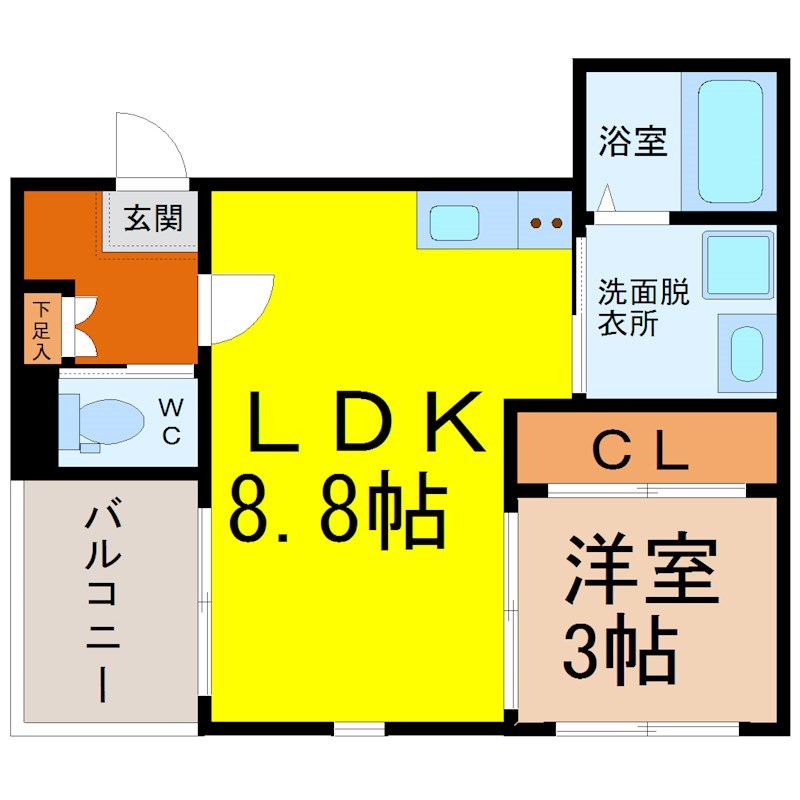 （仮称）瑞穂区内浜町②コーポ 間取図　ＬＤＫ8.8帖　洋室3帖　脱衣洗面所　バルコニー