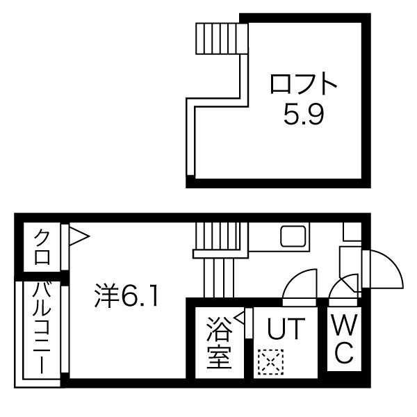 アーバンコート堀田 間取図　洋室6.1帖　ロフト5.9帖　脱衣洗面所　バルコニー