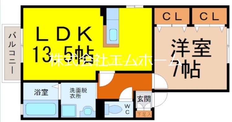 レインボー東Ｂ 間取図　ＬＤＫ13.5帖　洋室7帖　脱衣洗面所　バルコニー