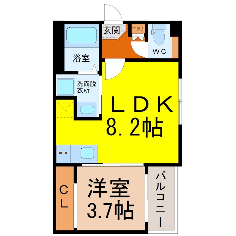 ハーモニーテラス上小田井ＷＥＳＴ 間取図　ＬＤＫ8.2帖　洋室3.7帖　脱衣洗面所　バルコニー