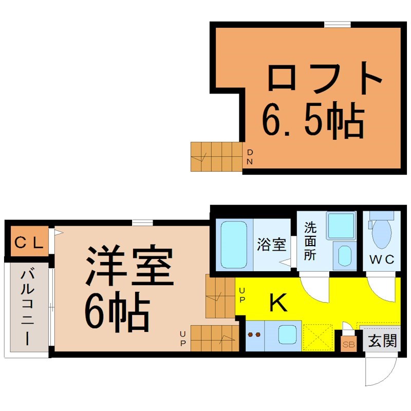 ハーモニーテラス山木IV 間取図　洋室6帖　ロフト6.5帖　脱衣洗面所　バルコニー