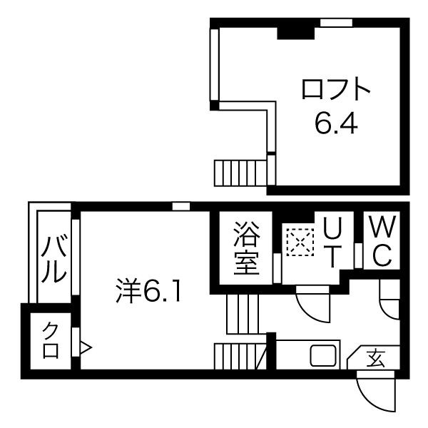 Ｃａｓａ Ｖｉｏｌａ 栄生 間取図　洋室6.1帖　ロフト6.4帖　脱衣洗面所